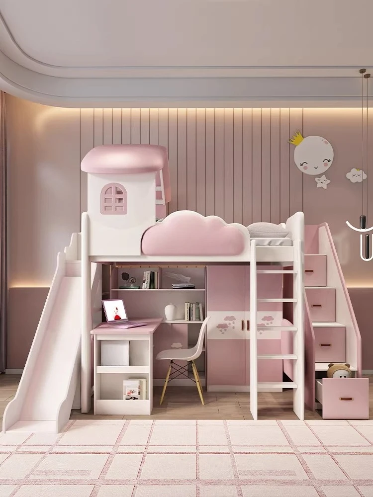 Go to bed Under table Upper and lower bunk Wooden bed Children's castle Princess Interlaced elevated