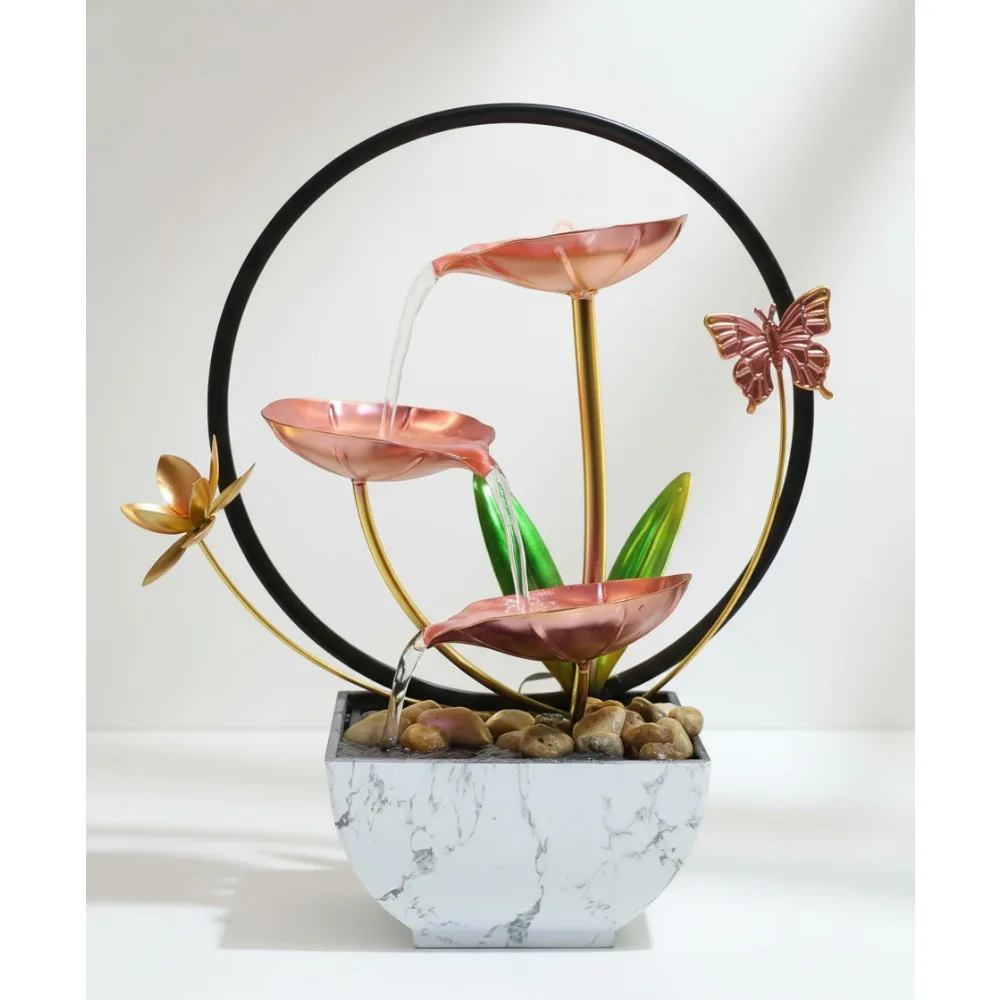 Fuente de cascada Zen rosa con luces LED - Decoración de escritorio de relajación de meditación interior para oficina en casa