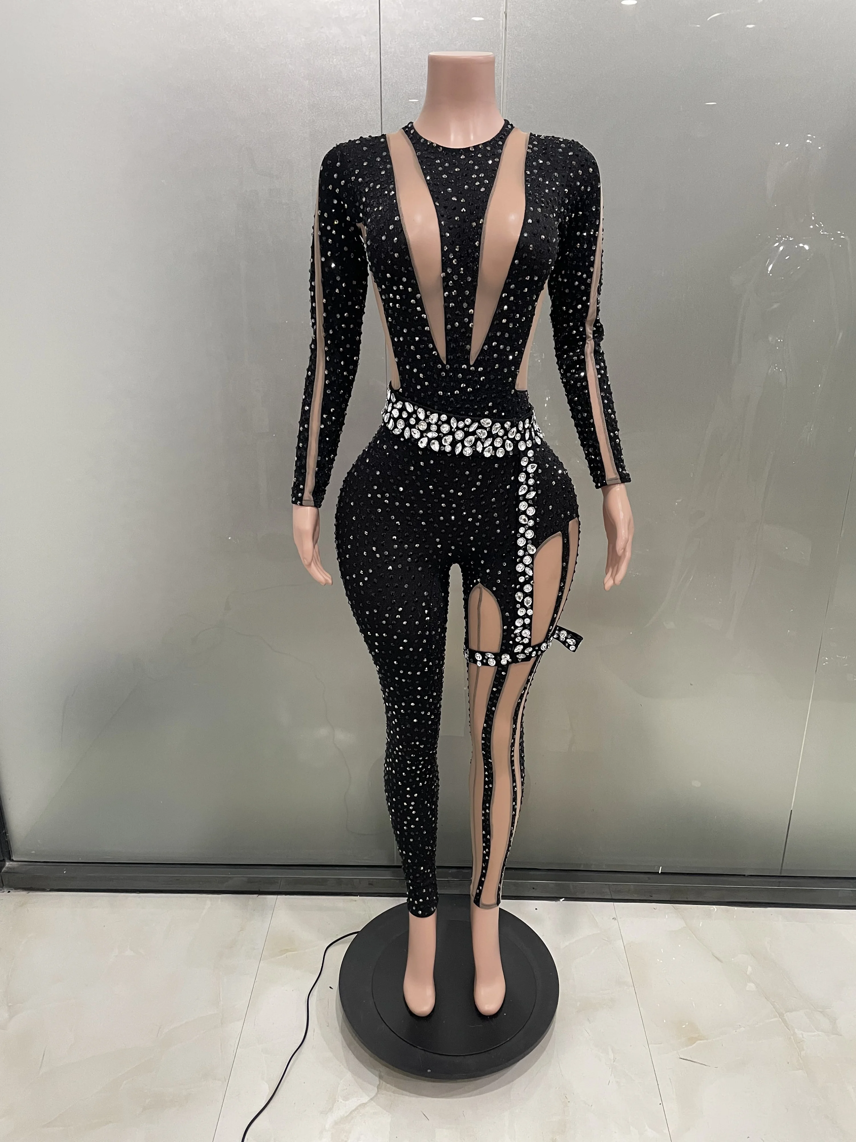 Sexy Sparkling Full Diamond Black Perspective Waist Cinching Asymmetrical Mesh Jumpsuit Party Nightclub Bar Performance Costume