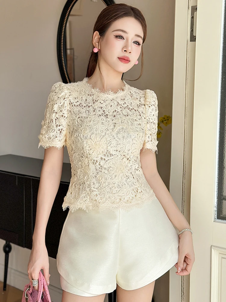 

Women Street Clothes Lace Floral Embroidery Shirt Elegant Lady Mujer Short Sleeve Slim Tops Casual Sexy Hollow Blouse Fashion