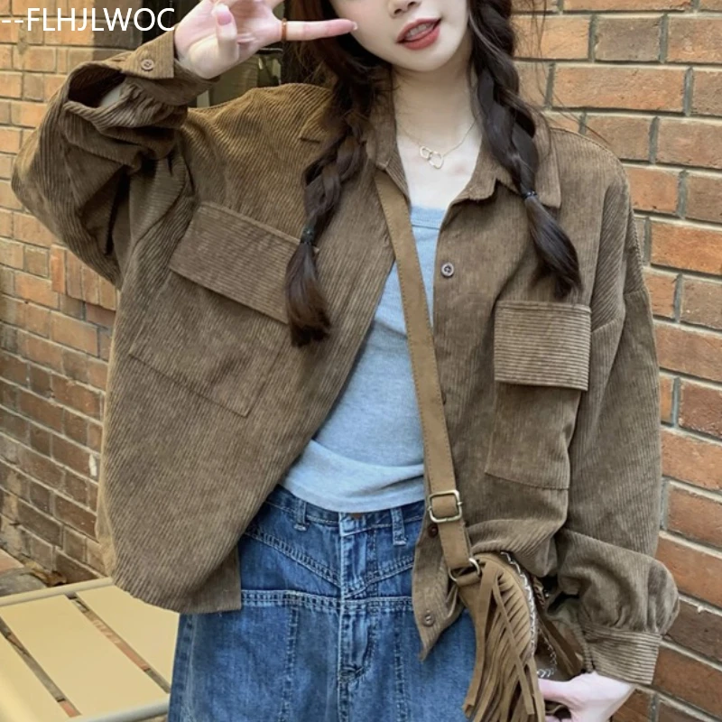 

Corduroy Short Coats Cute Girls Woman FLHJLWOC Autumn Spring Outerwear Preppy Style Pockets Loose Casual Coat Button Jackets
