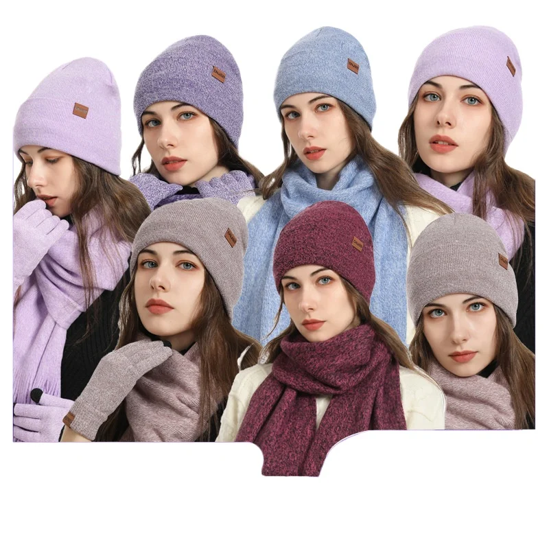 New Set European and American Style Autumn Winter Fleece Knitted Hat Scarf Gloves Unisex Warm Wool Three-Piece Set