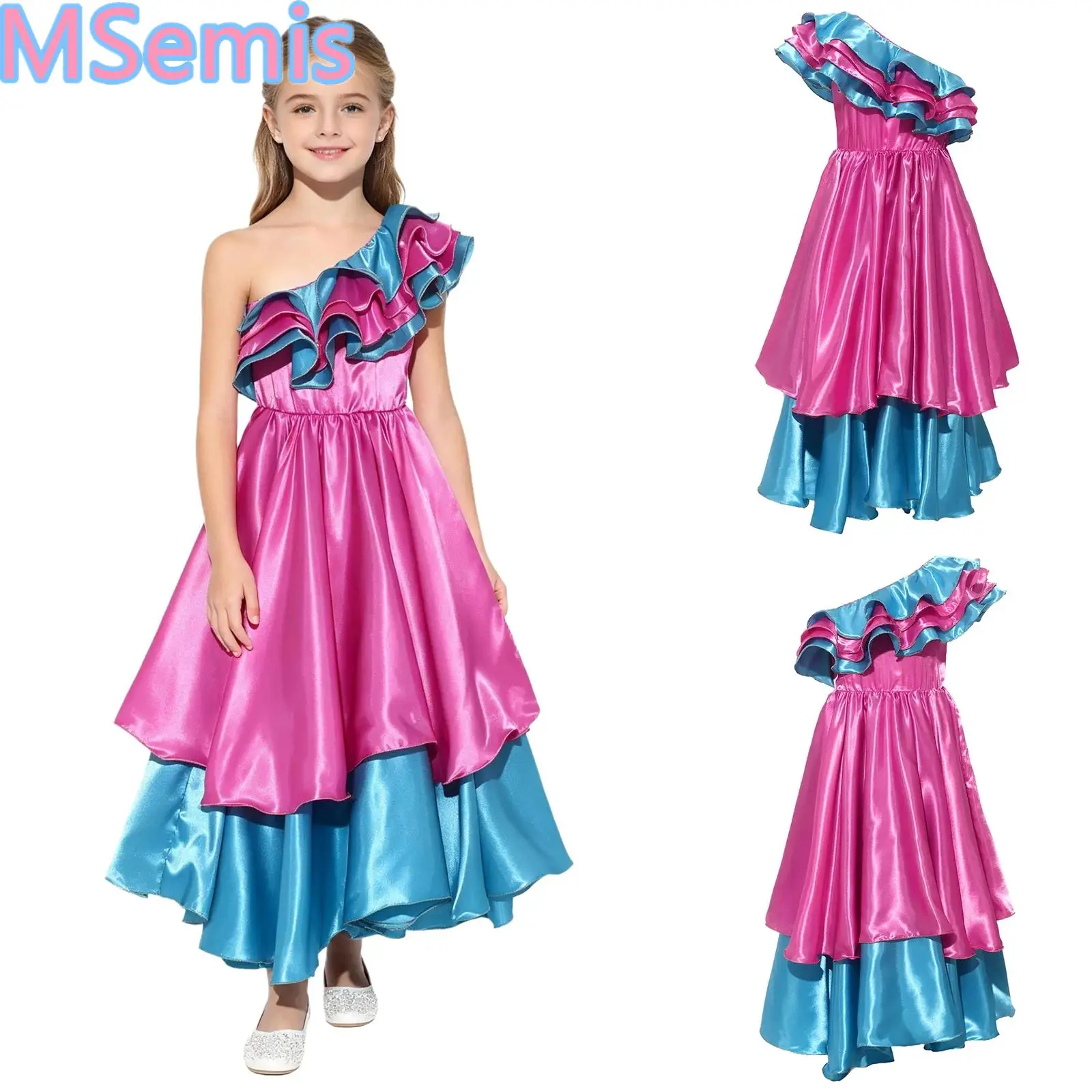 Kids Girls Ethnic-style Long Dress Festival Performance Costume One Shoulder Ruffled Maxi Dress for Halloween Carnival Party