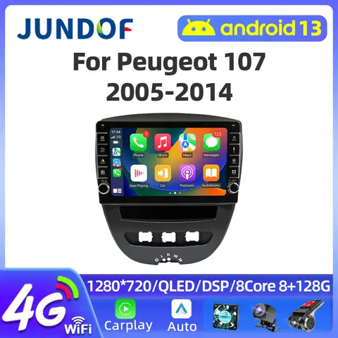 Jundof 푸조 107 도요타 아이고 시트로엥 C1 2005-2014 스테레오 카플레이, GPS 네비게이션 멀티미디어 플레이어, 안드로이드 13, No 2 Din