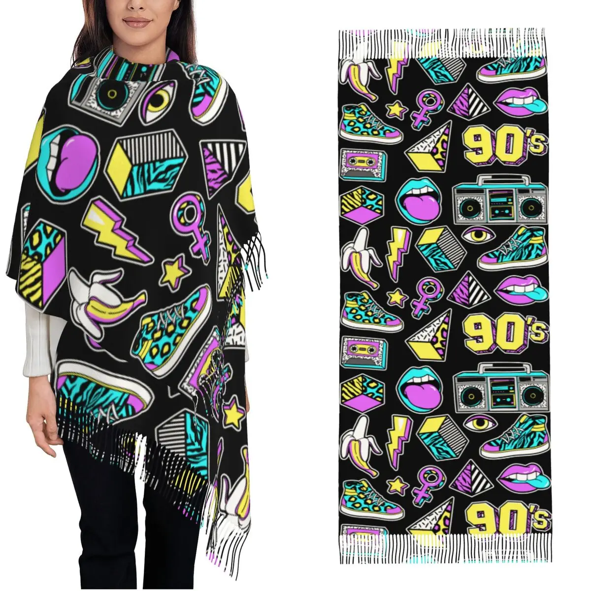 Womens Scarf with Tassel Hippie Lips Banana Large Soft Shawl Wrap Vintage 90's Trippy Memphis Design Daily Wear Cashmere Scarf