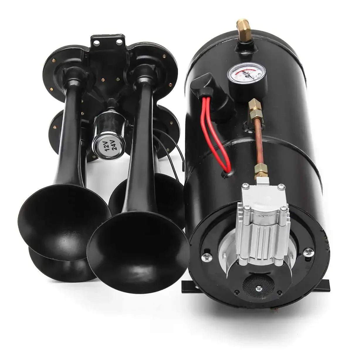 

12V 150db Truck Train Quad 4 Trumpet Air Horn Kit Black 170 PSI 3Liters Compressor & House