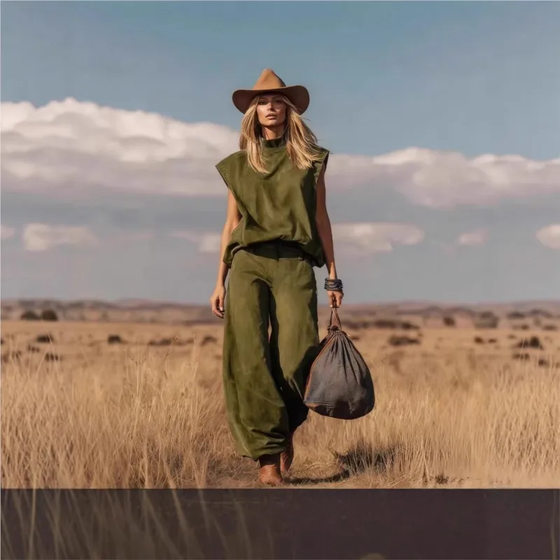 

Summer Fashion Ethnic Tribal Sleeveless Wide-leg Suede Suit Women's Casual Sleeveless Loose Simple Wide-leg Trousers 2-piece Set