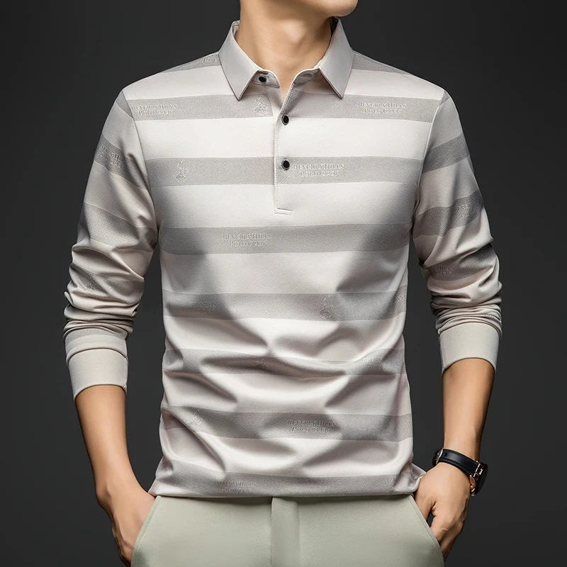 

BROWON Elegant Mens Polo Shirts 2025 Spring Autumn Long Sleeve Lapel Collar Big Striped Pattern T-shirt Male New in Tops & Tees