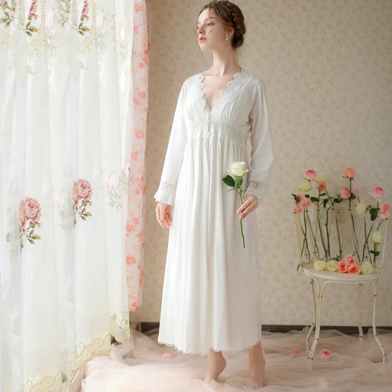 Fairy Two Piece Robe Sets Women Spring Autumn White Cotton Vintage Nightgown Victorian Night Dress Gown Sexy Sleepwear Nightwear