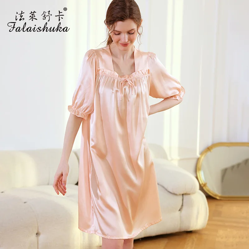 16 momme 100% Genuine Silk sleepdress Women Sleepwear Sweet princess Long sleeve Nightgowns nightdress S5812