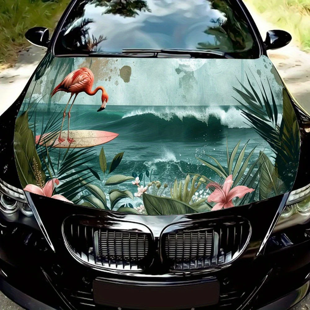 Flamingo surfing pattern car vinyl material car hood film self-adhesive sticker waterproof and scratch resistant, suitable for m