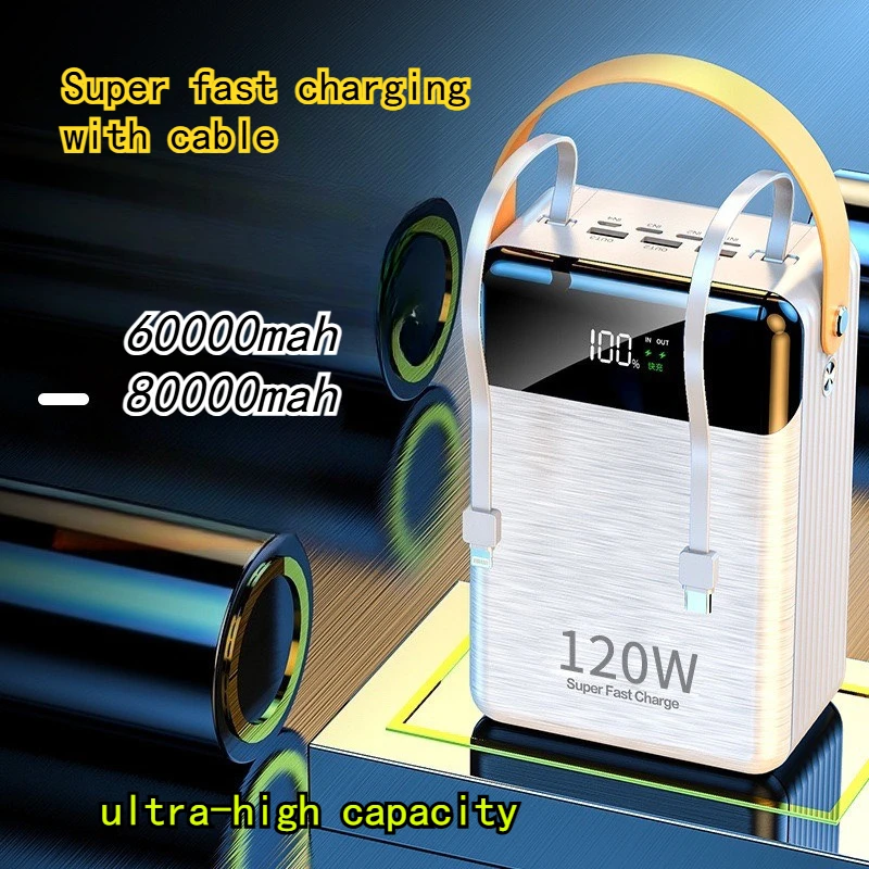 

Внешний аккумулятор на 80000 мАч с длительным сроком службы, мощностью 120 Вт, со встроенным кабелем, большой емкости, супербыстрой зарядкой, для использования на улице
