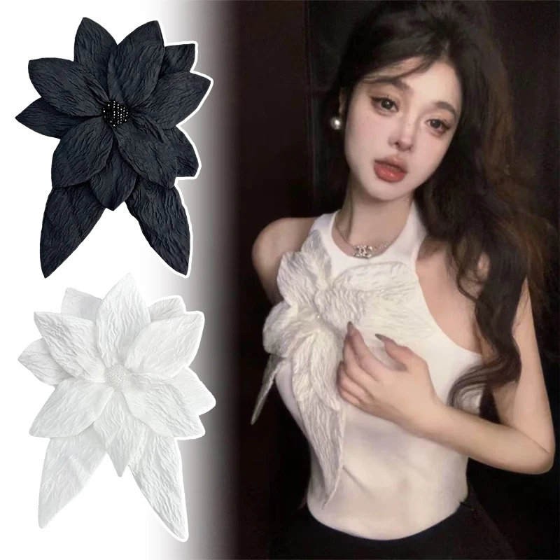 Pleated Big Flower Applique Beading Vintage Fabric Large Flower Corsage for Women DIY Dress Clothing Decoration Accessories