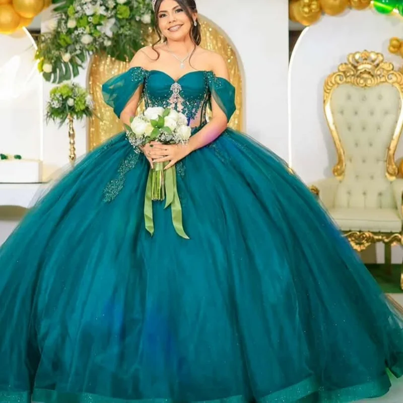 

Dark Green Quinceanera Dress off-shoulder Glitter crystal Decal Vestidos De 15 Quinceanera ﻿Customize