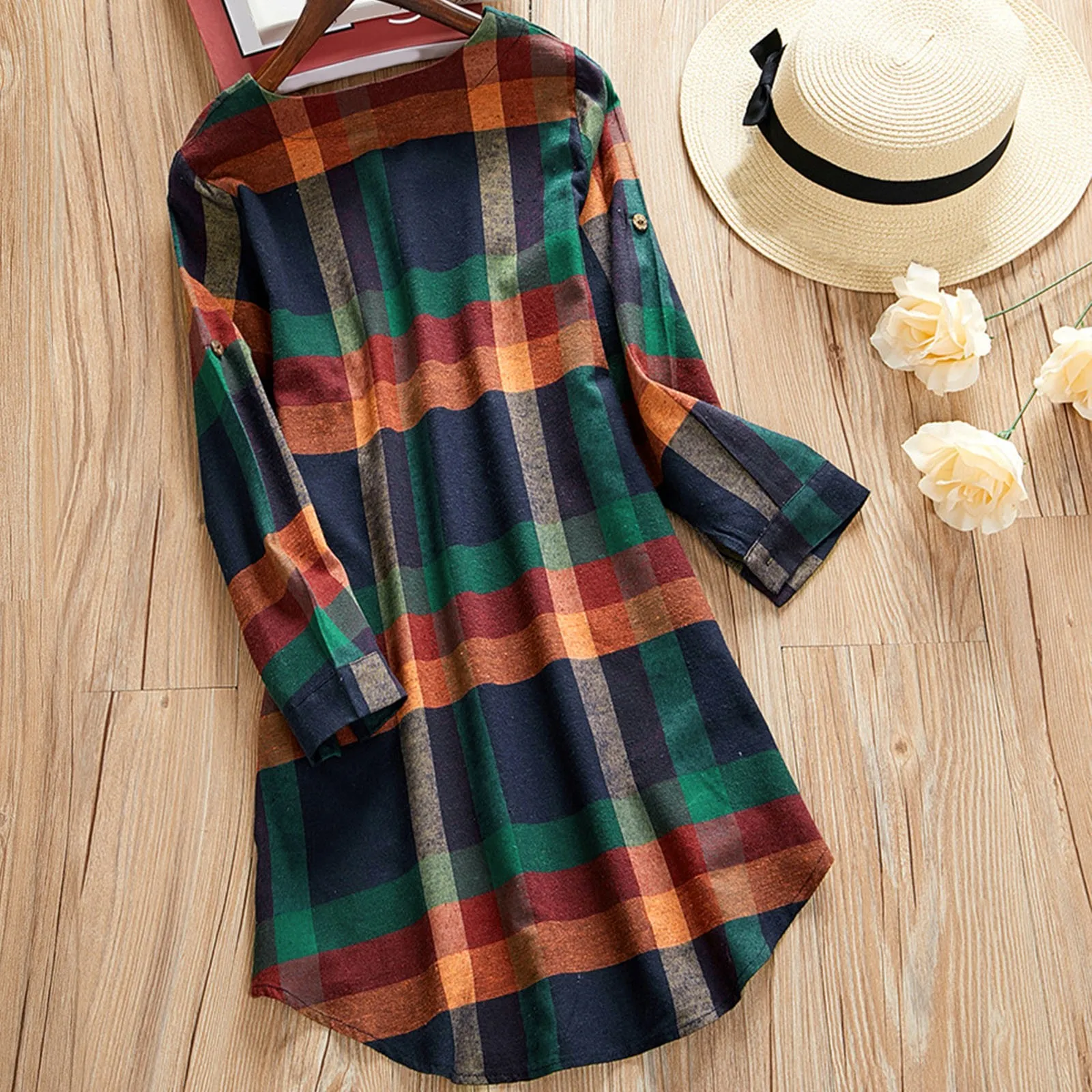 Hot Sale Dress For Women Beach Vacation Casual Long Sleeve Loose Plaid Prints Shirt Midi Dress Boho Autumn Dresses For Women