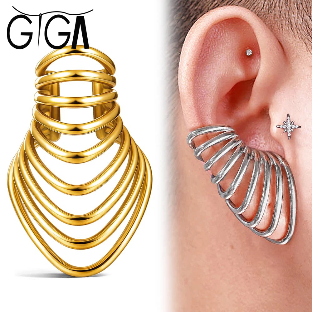 

Giga 1/2Pcs Cool Glossy Clip On Earrings No Piercing 316L Stainless Steel Jewelry Earrings Nine Circles Ear Cuff for Women Men