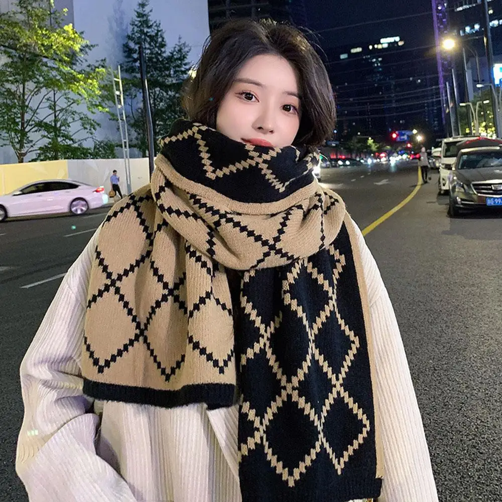 New Korean Style Plaid Knitted Scarf Winter Thicken Warm Wool Neck Warmer High Level Woolen Scarf For Students Luxury Scarf Wrap