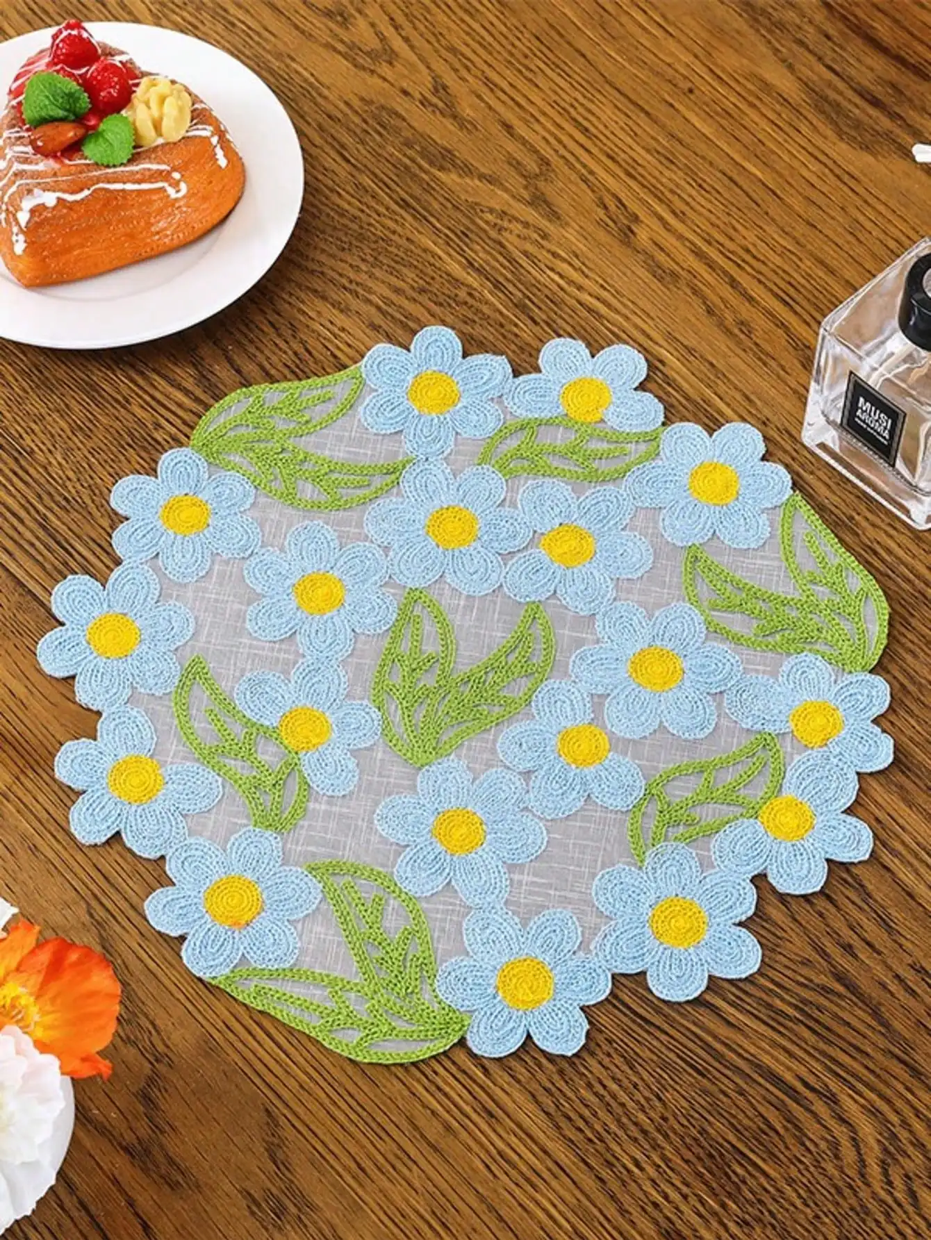 1/2/4/6pcs Floral Embroidered Round Placemats, Solid Color Dining Table Mats, Non-Slip Coasters For Home Kitchen view 2