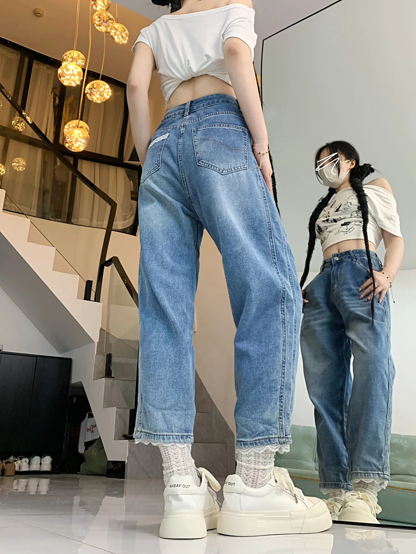 Plus Size Jeans met hoge taille en rechte pijpen Dames Kantdetail Losvallende casual denimbroek Herfstkleding voor dames in grote maten