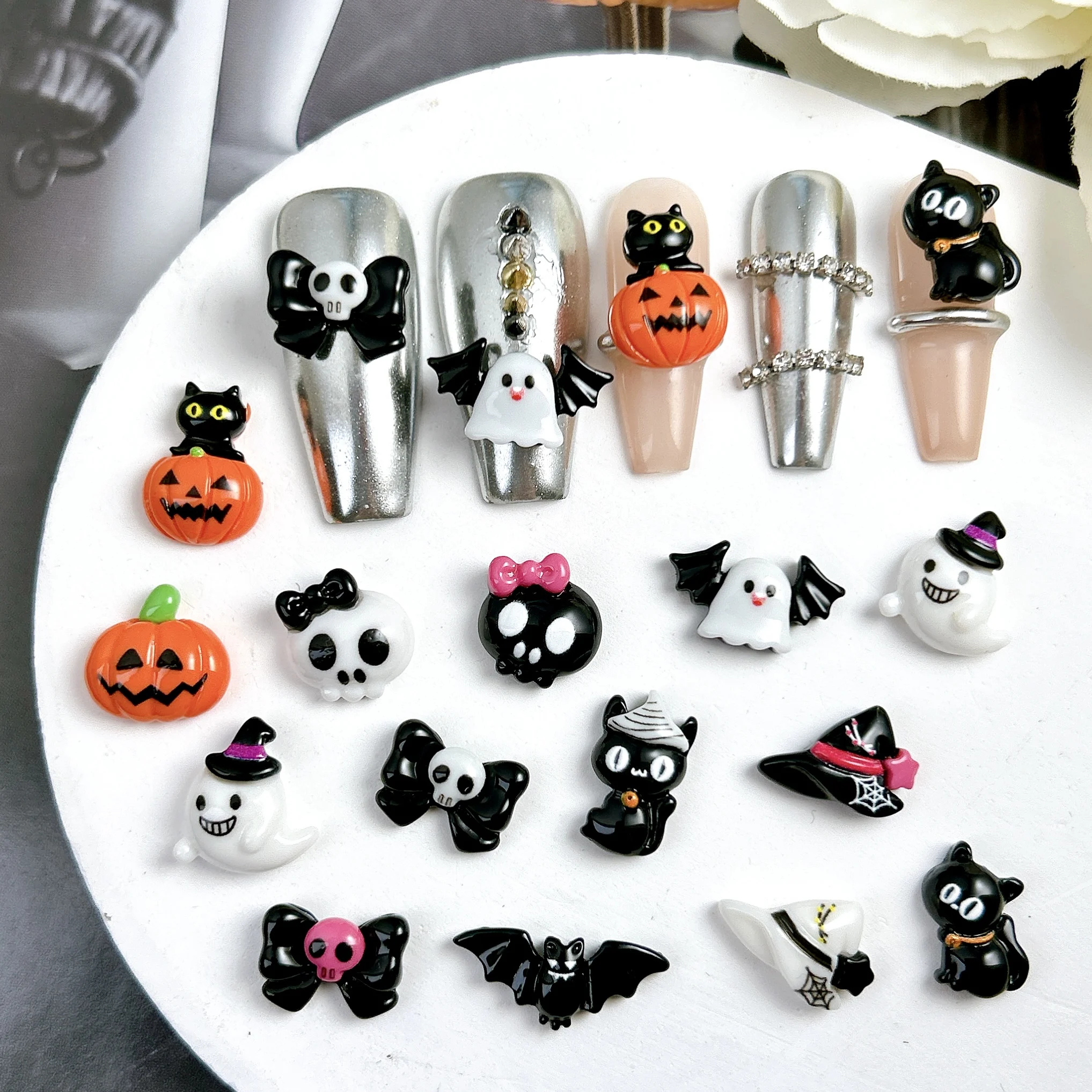 30 قطعة ثلاثية الأبعاد الساخن بيع سلسلة الهالوين مسمار الفن زينة الكرتون الإبداعية القوس الجمجمة اليقطين شبح الراتنج مسمار السحر DIY الأظافر #3