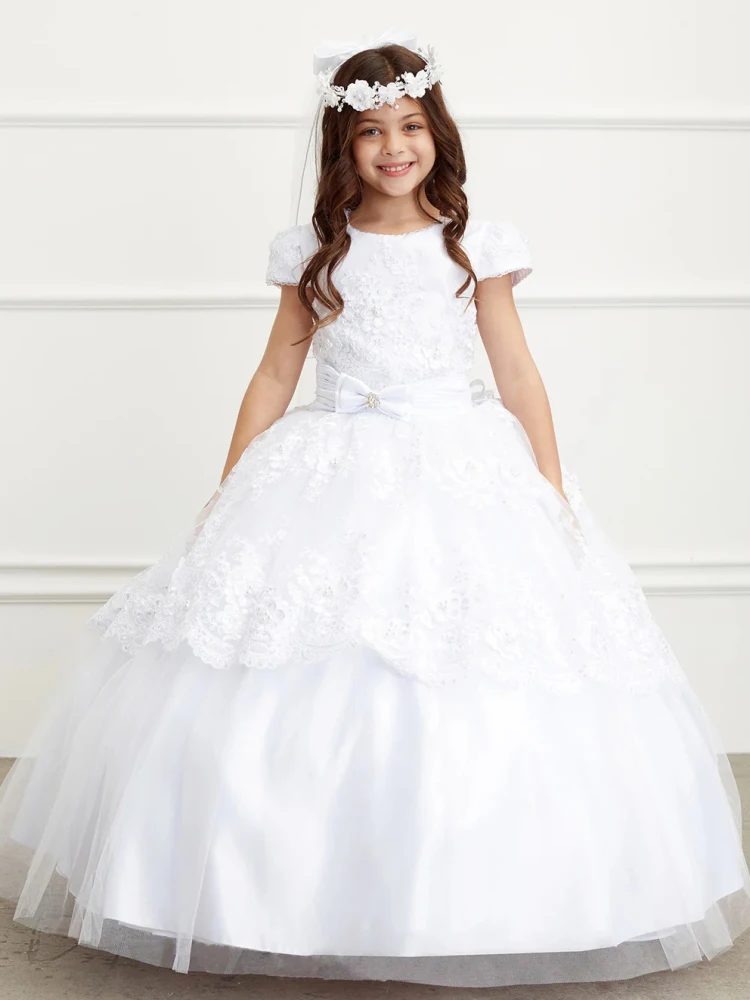 

Flower Girl Dresses White Lace Flory Appliques Bow Belt Short Sleeve For Wedding Birthday Party Banquet Princess Gowns