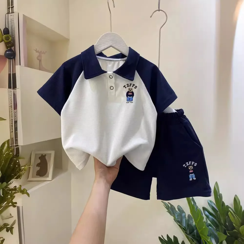 

Summer Teenage Boy Lapel Clothes Children Embroidery Cartoon Bear Tshirt and Shorts Set Kid Short Sleeve Top Buttom 2pcs Outfits