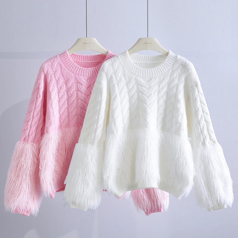 Sweet Pink Sweater Tops Women Pull Femme O-neck Fashion Knitting Ribbed Cropped Pullovers 2023 Ropa Mujer Casual Y2k Jumper