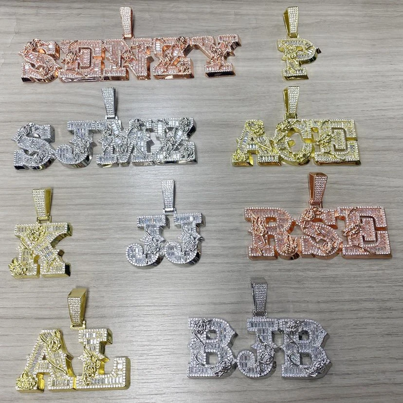 TBTK Iced Out Custom Initial Letter Pendant Rose Flower Inlaid Baguettecz HipHop Custom Name Necklace For Men Women Jewelry Gift
