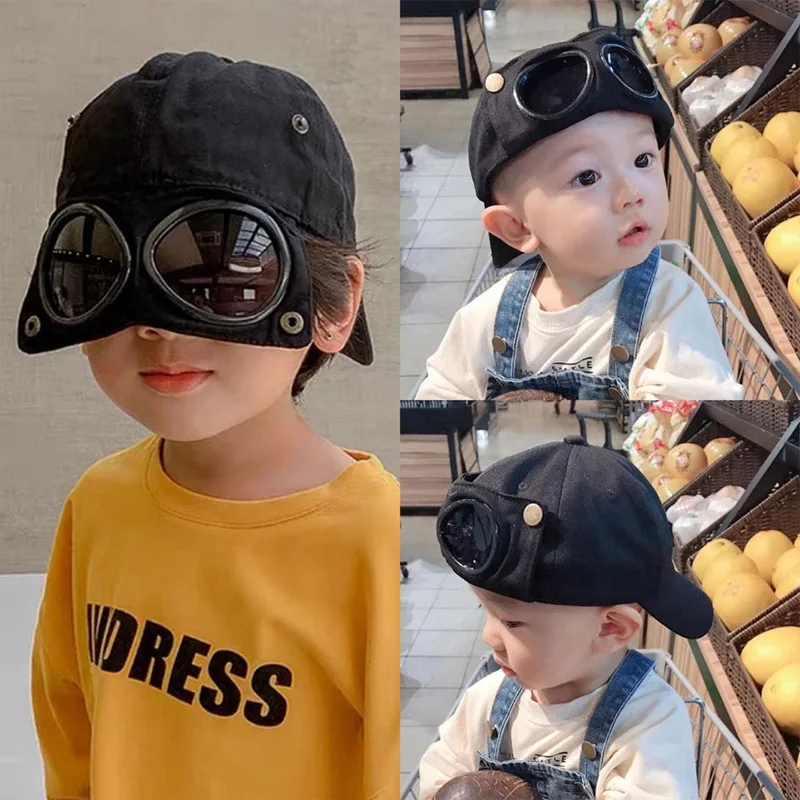 

Kids Pilot Aviator Hat With Sunglasses Fashion Children Baseball Cap 1-10Year Boy Girl Outdoor Sunscreen Visors Baby Peaked Hats