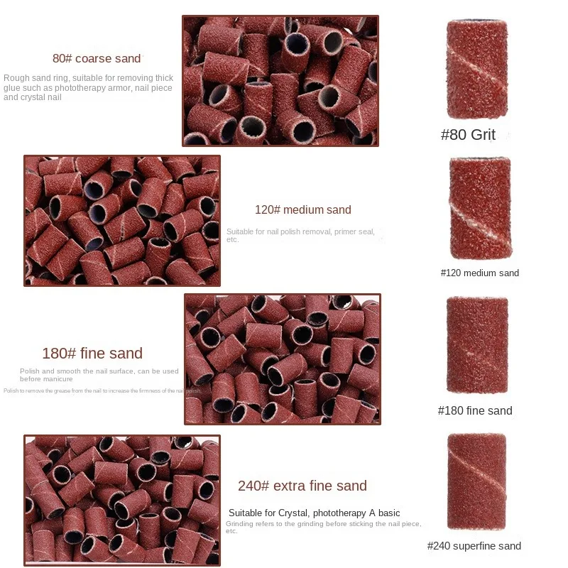 100個/箱 電動ネイルマシン用サンディングキャップバンド 180/120/80グリット ネイルドリル研磨ビットファイル ペディキュアツールセット