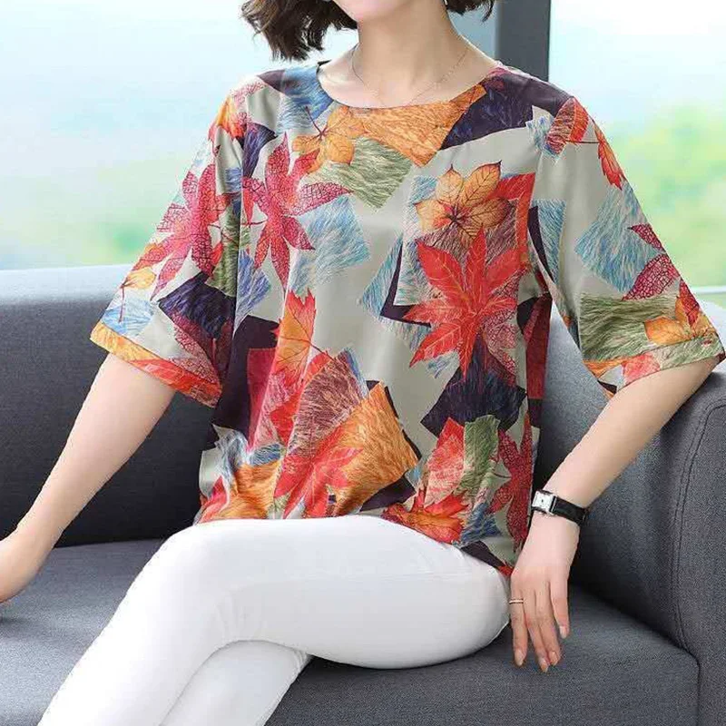 Elegant Fashion Casual Floral Printing T-shirt Summer 2023 New Half Sleeve O-Neck Loose Pullover Oversized Tops Women\'s Clothing