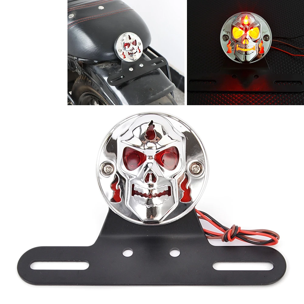 Universal Motorcycle Rear Skull Tail Light License Plate Bracket For Harley Cafe Racer Honda Kawasaki Suzuki Yamaha