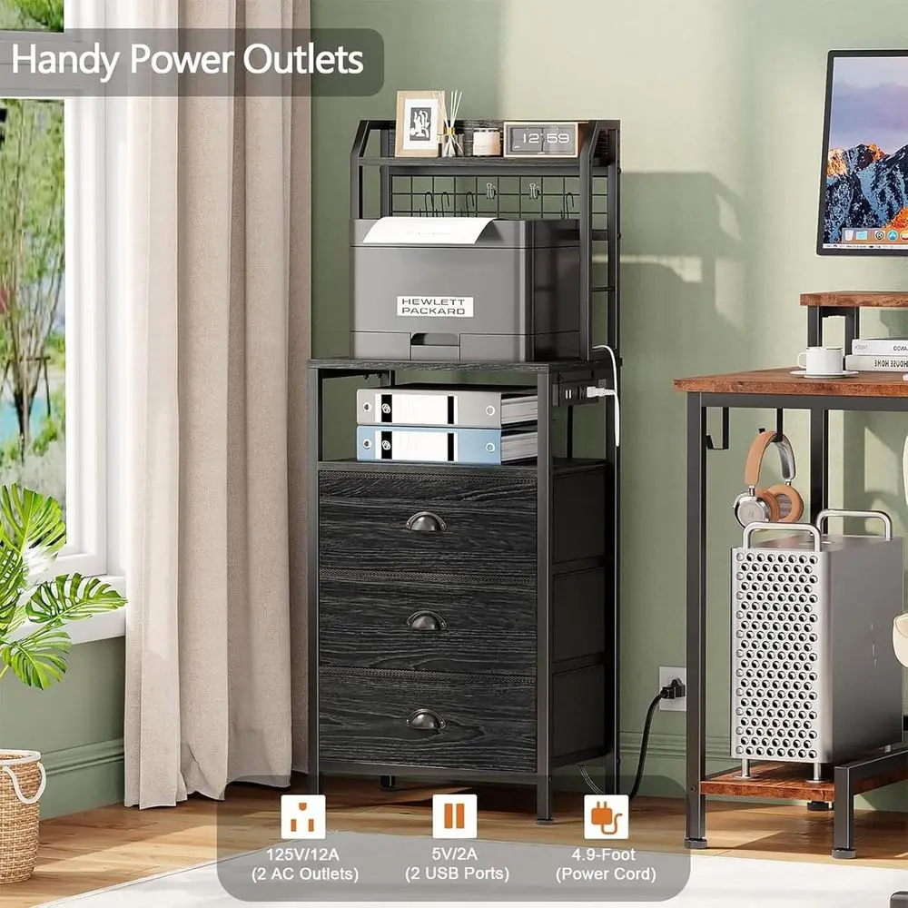 منضدة طويلة بطول 44 بوصة مع قاعدة شحن، طاولة بجانب السرير مضاءة بإضاءة LED، طاولة نهاية للتخزين بثلاثة أدراج، حامل ليلي لغرفة النوم مع P