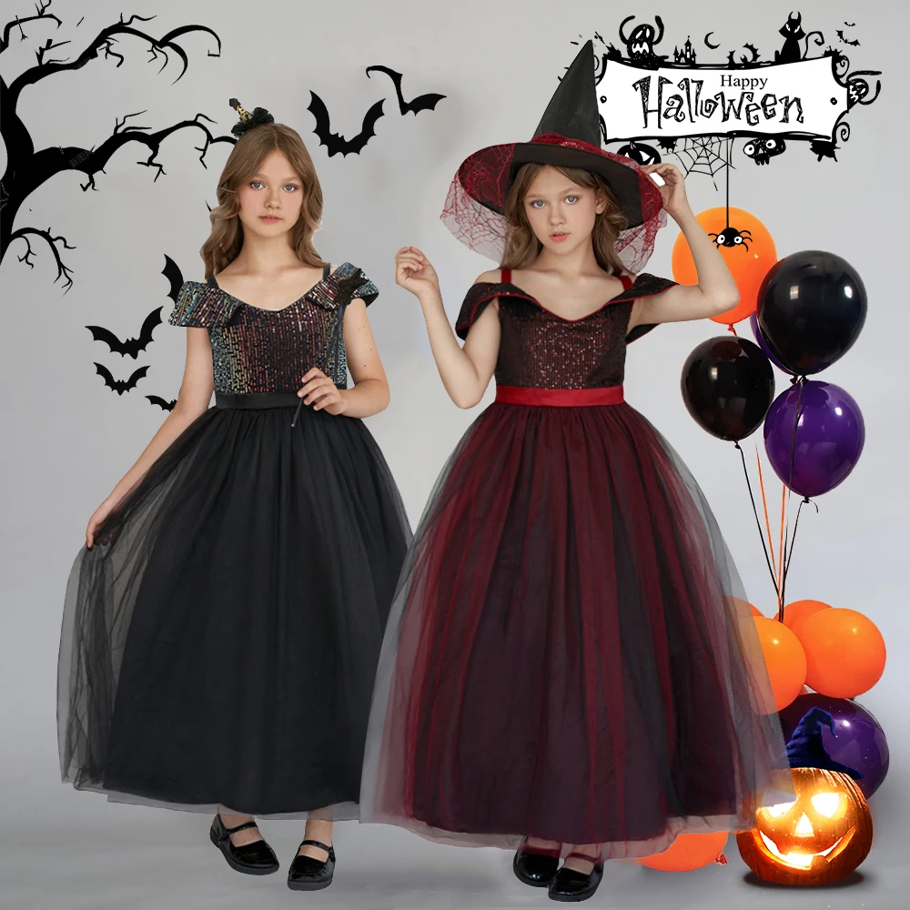 

Black Halloween Costume For Kids Girl Sequins Princess Christmas Party Dresses Children Cosplay Dress Wedding Evening Vestidos