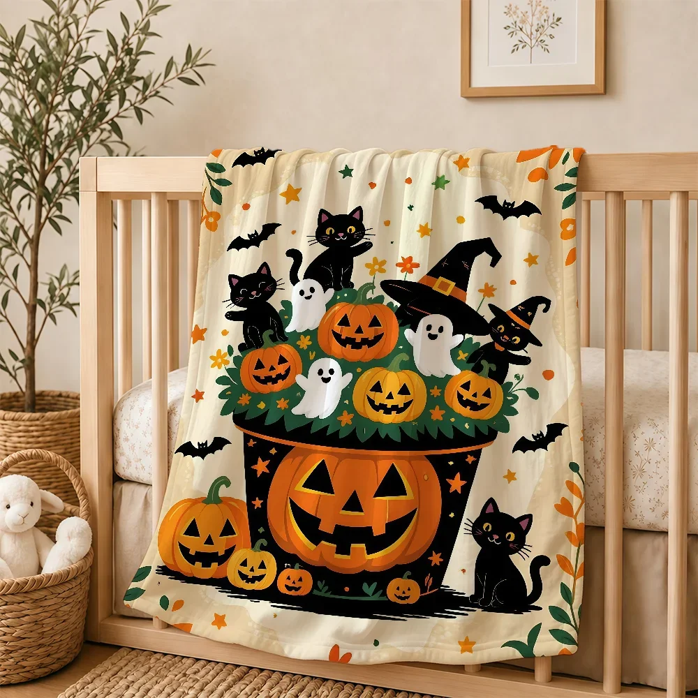 Cute Halloween Cat Pumpkin Theme Nursery Blanket Baby Receiving Throw Cozy Bedding for Autumn Decor