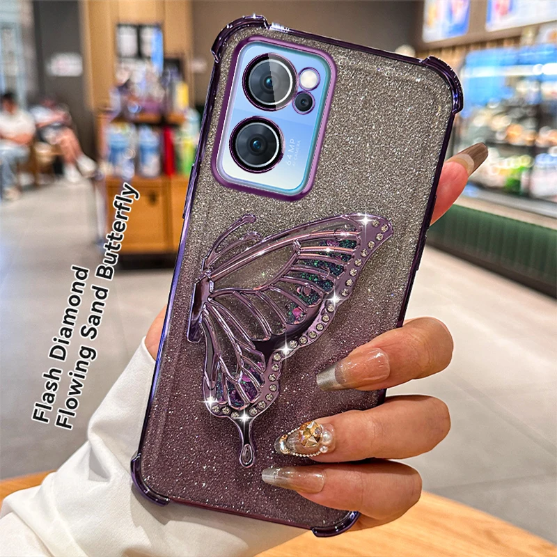 Quicksand Butterfly Bracket Case For OPPO A58 Reno 11 Pro 12 10 A78 A77 5G A15 A15S Corners Protect Bump Cover