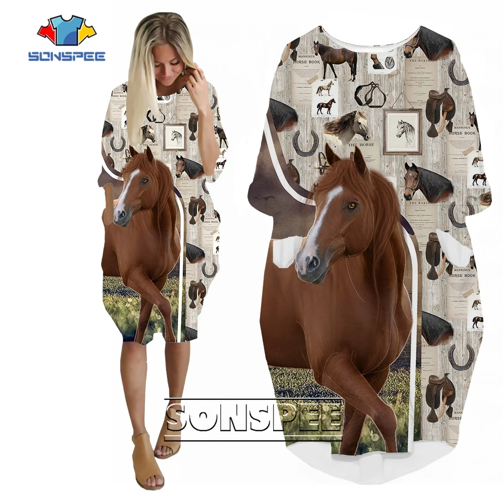 

SONSPEE Horse Riding Equipment 3D Printed Women's Long Sleeve Pocket Skirts Loose Dress Harajuku Animal Horse Robe Lady Gown