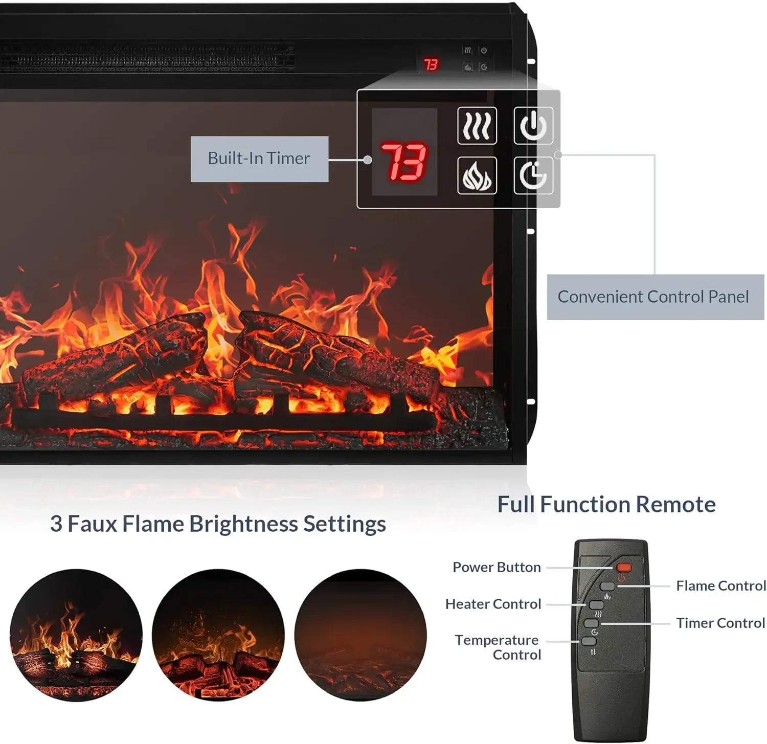 Indoor Fireplace Heater with Adjustable Brightness, Timer, Automatic Temperature Control