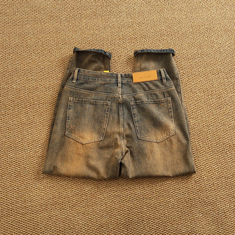 Yellow clay dye heavy industry to do old washed jeans men's high street American loose straight cone denim pants