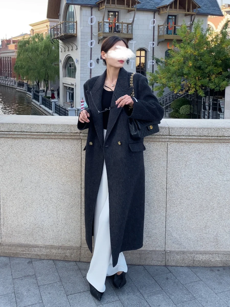 Doppelseitiger Kamelwolle-Camere-Mantel für Damen, mittellang, lockere Passform, gerade gestreifte Wolloberbekleidung, koreanische Sle Commute