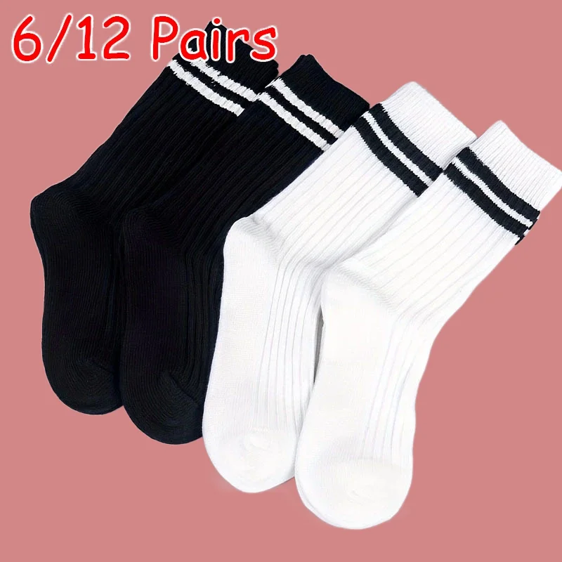 Chaussettes mi-tube en coton respirant pour hommes et femmes, chaussettes à col rond, chaussettes simples rayées, haute qualité, printemps, automne, 6/12 paires