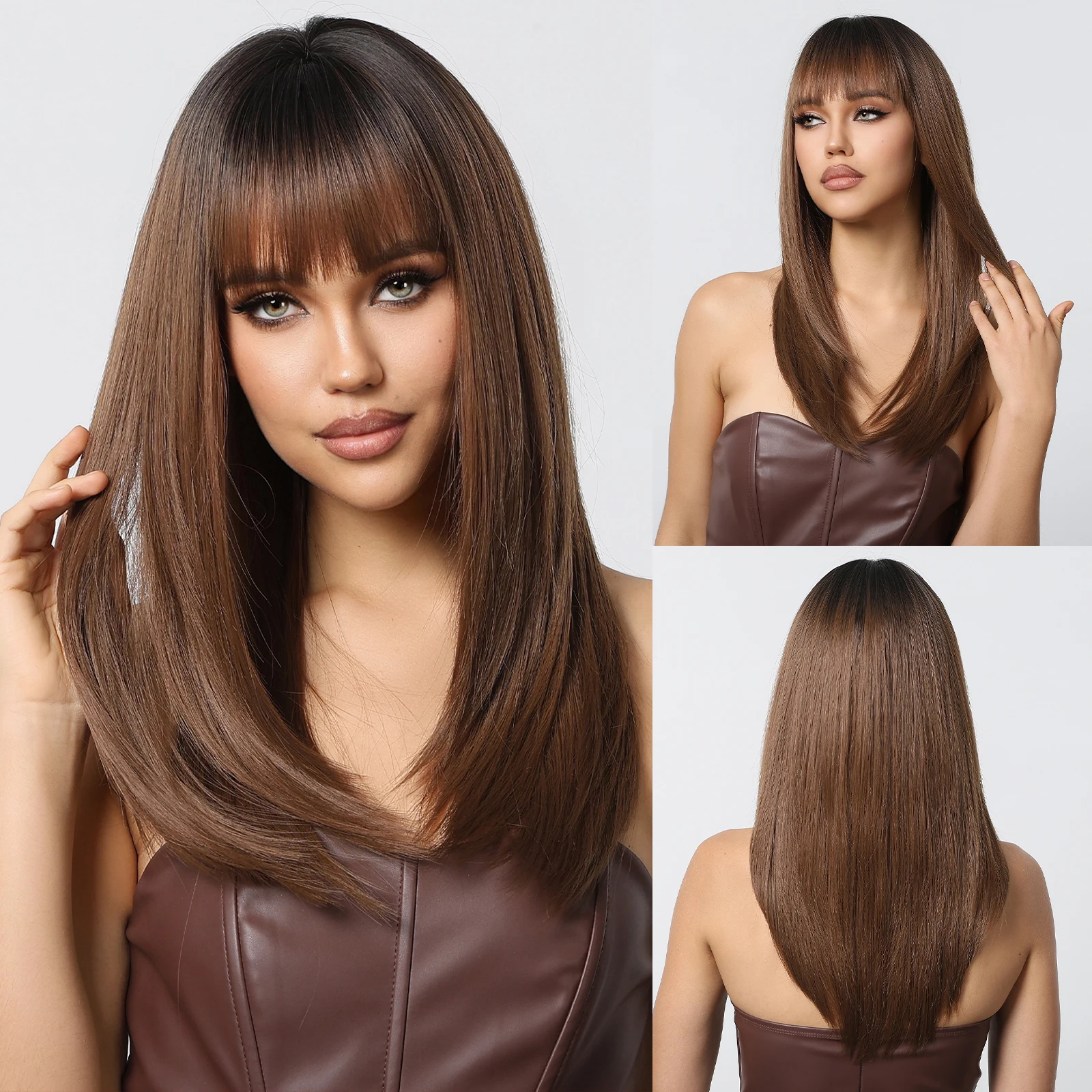 

ALAN EATON Chestnut Brown Wavy Synthetic Wigs with Bangs Long Curly Brown Wig for White Women Naturally Hairline Heat Resistant