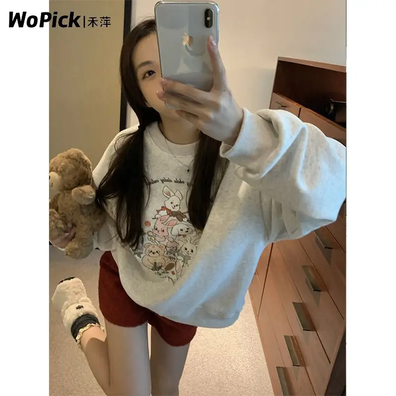 American Thick Velvet Winter Sweatshirt Women Girls Lovely Cute Rabbit Anime Hoodie O-neck Oversized Gray Y2K Top Kawaii Clothes