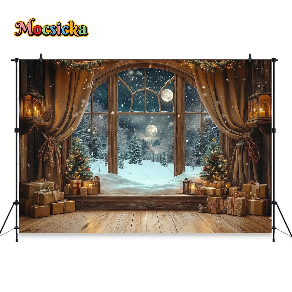 Mocsicka-خلفية التصوير الفوتوغرافي لعيد الميلاد ، خلفية نافذة خشبية ، كشك لامع نجمة القمر ، هدية للأطفال ، استوديو صور عائلي