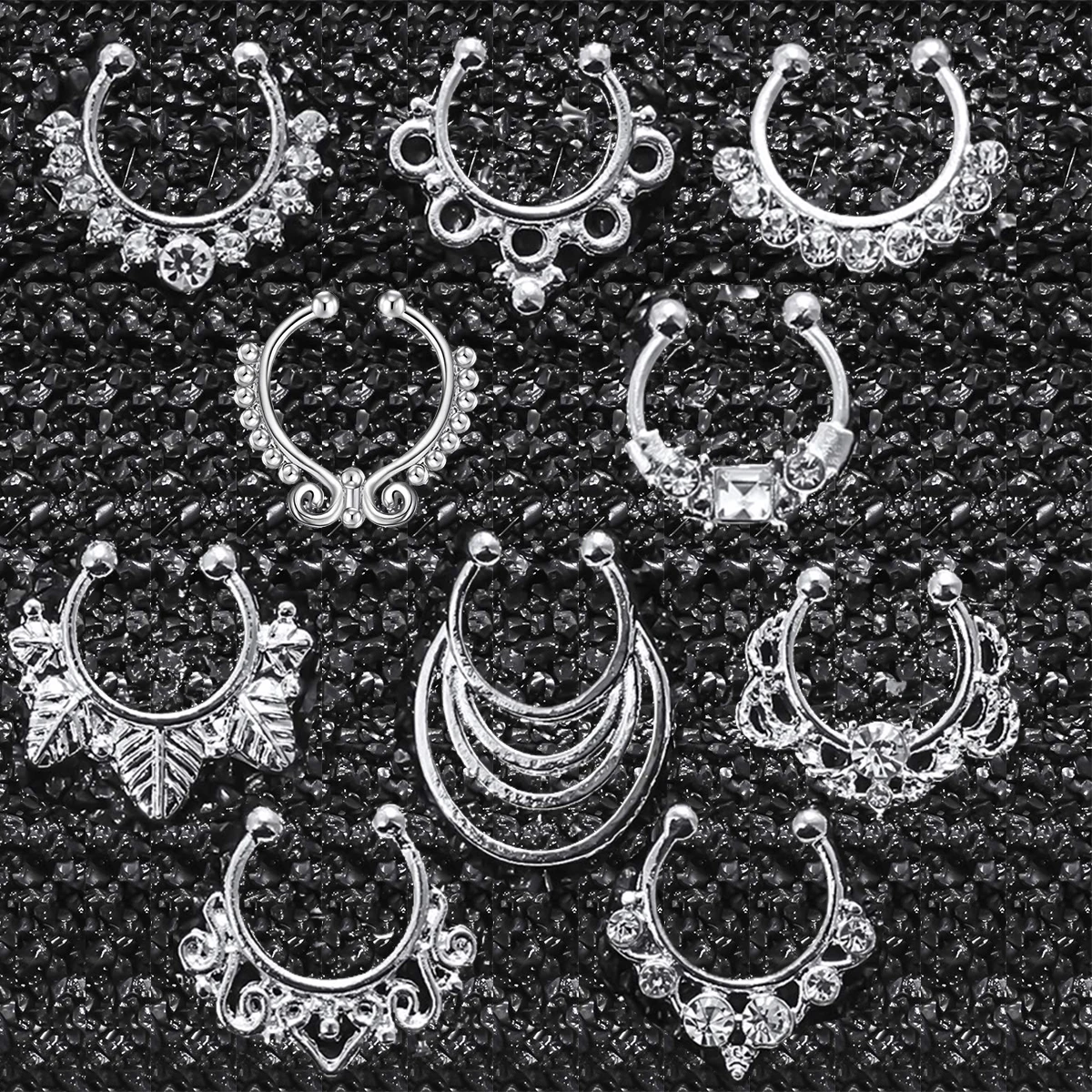 10 pieces of stylish simple and versatile women\'s false nose ring, no piercing, square zircon, inner diameter 8mm