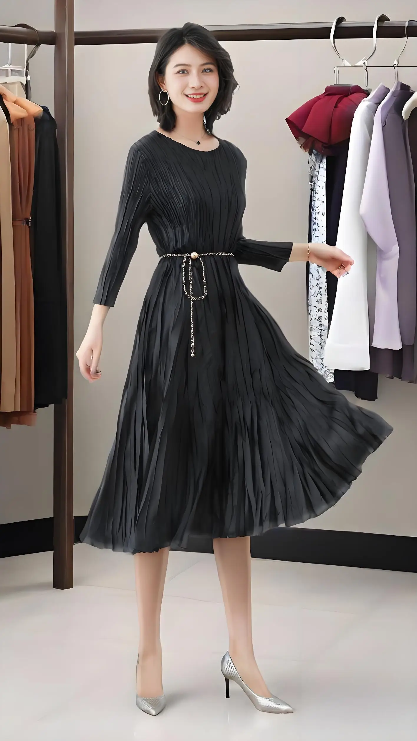 

Miyake New 2025 Spring Pleated Elegant Large Size Dress Pleated Premium Texture Waist Skinny Plisse Pleated Long Dress