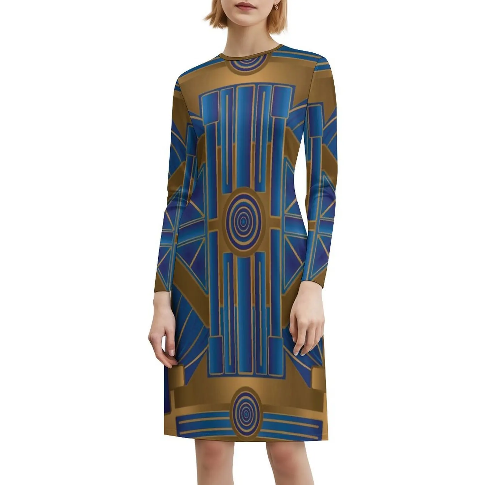 Abito da festa elegante da donna con pannello blu e bronzo Art Déco degli anni '20 Abito a trapezio con opzioni corte/lunghe/senza maniche Art Retro