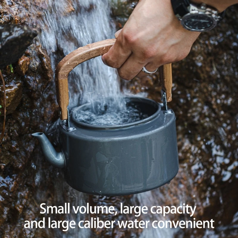 

Multipurpose Aluminum Alloys Camping Kettles Large Capacity Heat Resistant Wooden Grip For Group Adventures 69HD