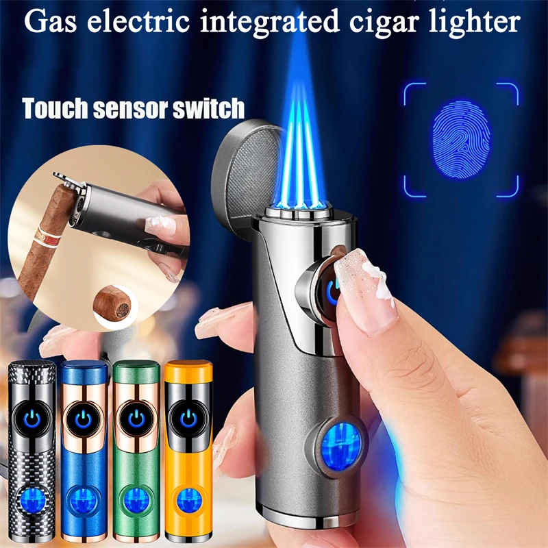 

Three-fire Direct-Injection Butane Electric Cigar Lighter Windproof Blue Flame Smart Touch Sensor For Candles Outdoor Gifts