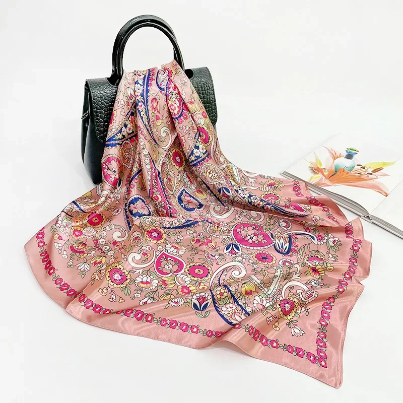 Paisley Scarf Women Fashion Flower Shawl Hijab Faux Silk Kerchief Boho Tribal Bandana 90*90cm